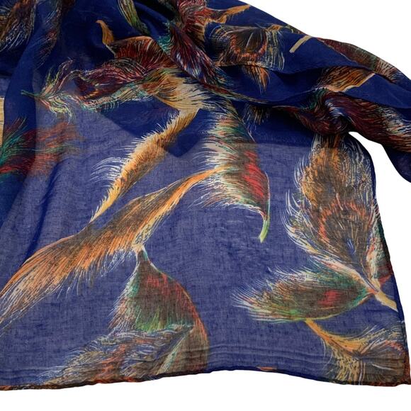 Unbranded Womens Scarf Large Rectangular Royal Blue and Peacock Feathers Lovely - Picture 1 of 12